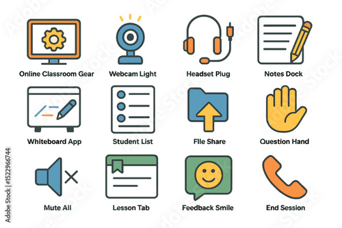 Online classroom gear icons including headset, webcam, and whiteboard app