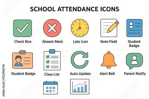 Colorful school attendance icons with check box, note field, alert bell, and more
