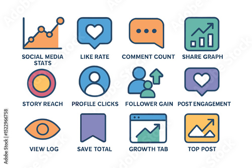 Social media stats icons: analyzing engagement metrics and growth