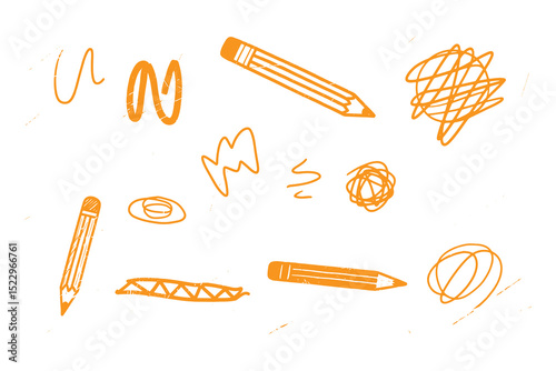 Hand-drawn vector illustration of orange pencils and scribbles. Simple sketch style on white background.