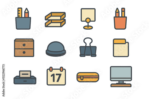Colorful office supply icons set featuring desk accessories and stationery