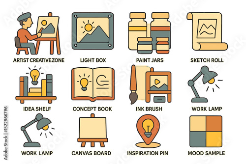 Creative art tools and supplies icons in soft tones