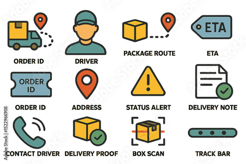 Delivery process icons: driver, package route, eta, status alerts, delivery note