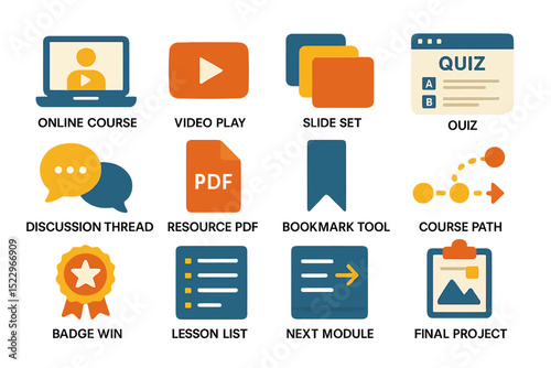 Online learning elements: course, video, quiz, pdf, bookmark, badge, lesson, project