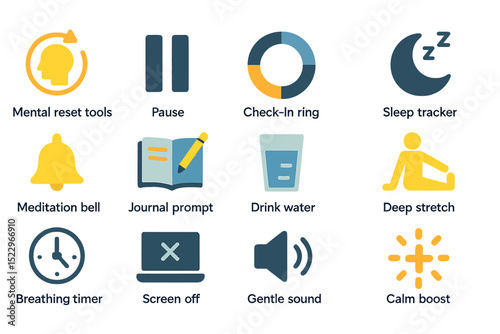 Wellness icons: mindfulness, hydration, sleep, meditation tools for daily balance