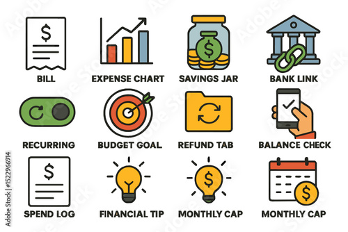 Colorful financial management icons: bills, savings, budget goals, and more