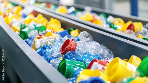 Plastic bottles and caps are sorted on a conveyor belt at a recycling facility.
