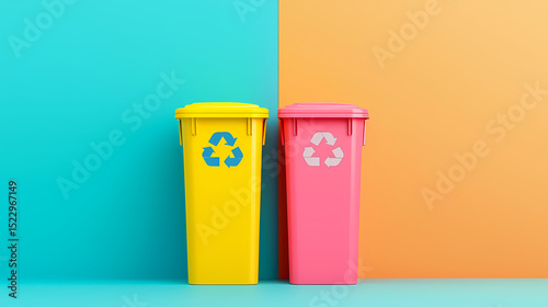 Two colorful recycling bins, yellow and pink, stand side by side against a bright, split-color background.