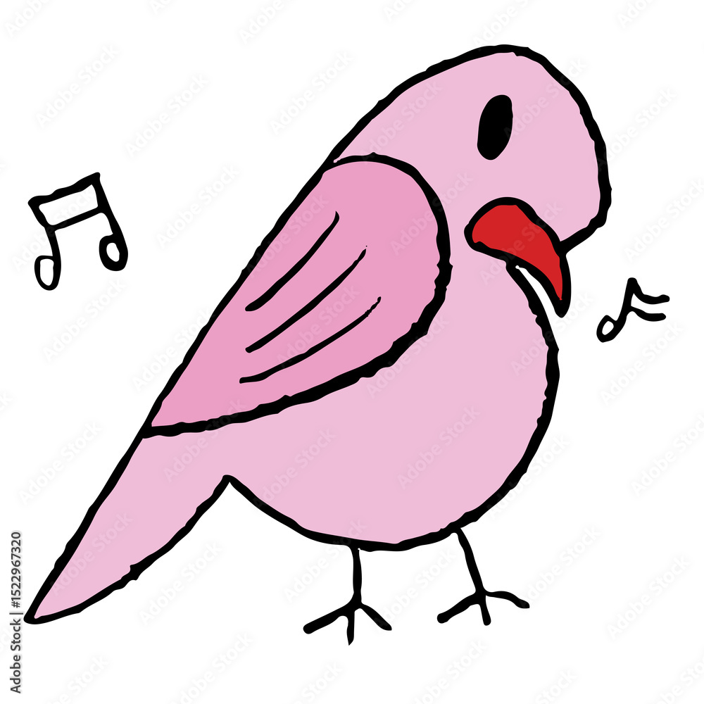Fototapeta premium Hand drawn crayon illustrations of pink bird and music melody for animal, zoo, souvenir shop, cartoon character, comic, mascot, sticker, kid doll, trip, travel, vacation, good morning, nature, garden