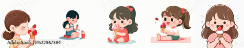vector of a litte girl eating strawberry ice cream
