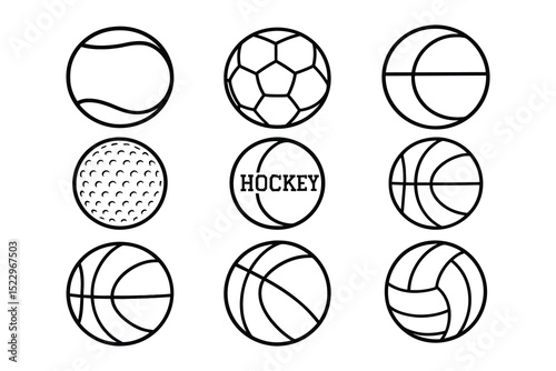 A vector illustration of various sports balls in a simple outline style. Great for designs.