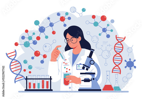 Flat vector of scientist in lab coat working with microscope and test tubes