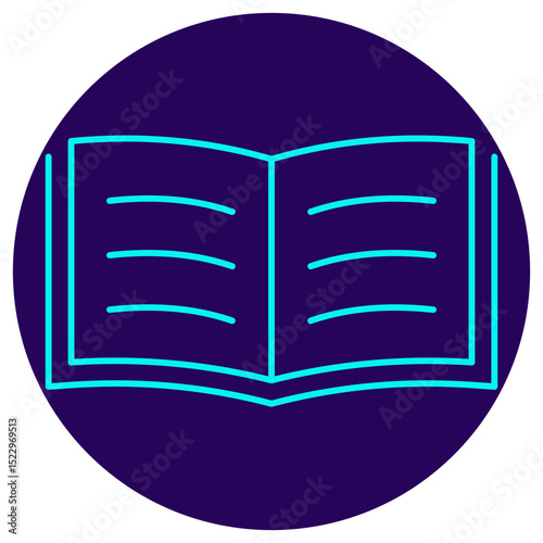 Icon of an open book with text lines. Vector pictogram with thin lines on a dark blue circular background. Symbolizes reading, education, knowledge, learning materials, and documentation