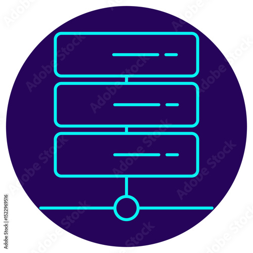 Icon of a server rack with network connection. Vector pictogram with thin lines on a dark blue circular background. Symbolizes data storage, hosting, and network infrastructure