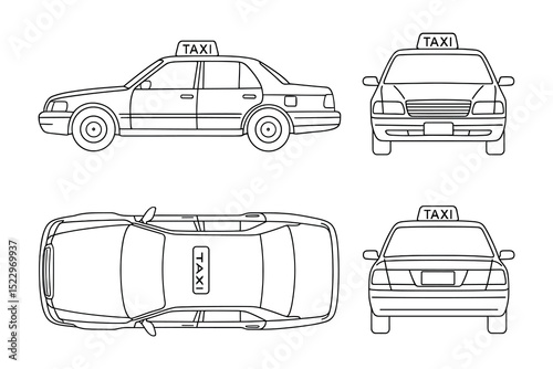 Detailed vector illustration set of a taxi cab in outline style on a clean white background.