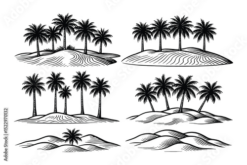 A vector set of tropical islands with palm trees and sand dunes. Ideal for travel and design.
