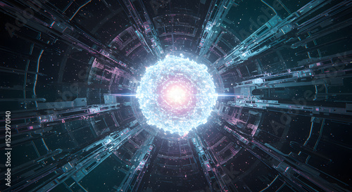 Abstract Futuristic Energy Core Glowing Crystal in a Sci-Fi Tunnel