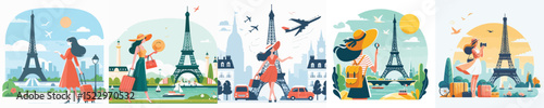 vector of a woman on vacation to paris eiffel tower