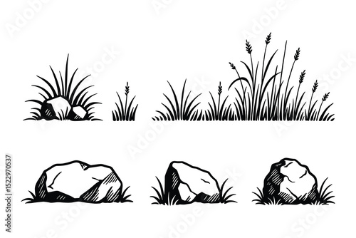Detailed vector illustration set of grass and rocks nature elements design isolated on white.