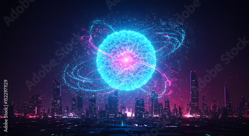 Futuristic Cityscape with Glowing Energy Sphere Sci-Fi Digital Art