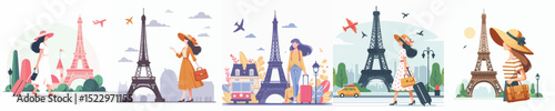 vector of a woman on vacation to paris eiffel tower