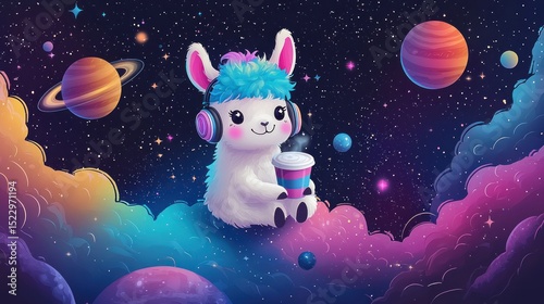 Cute llama in space with a coffee drink.  Fluffy, colorful, and whimsical