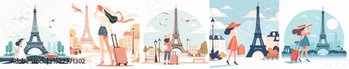 vector of a woman on vacation to paris eiffel tower