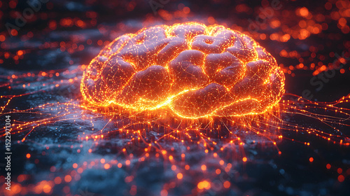 Illuminated Brain Model with Glowing Connections and Dark Background