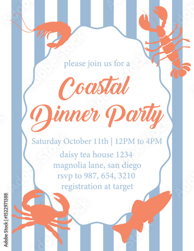 Hand drawn coastal seafood dinner invitation. Lobster, shrimp, crab, oyster, shell, ocean elements. Elegant nautical party card with sea animal doodles. Vector flat line illustration for beach-themed 
