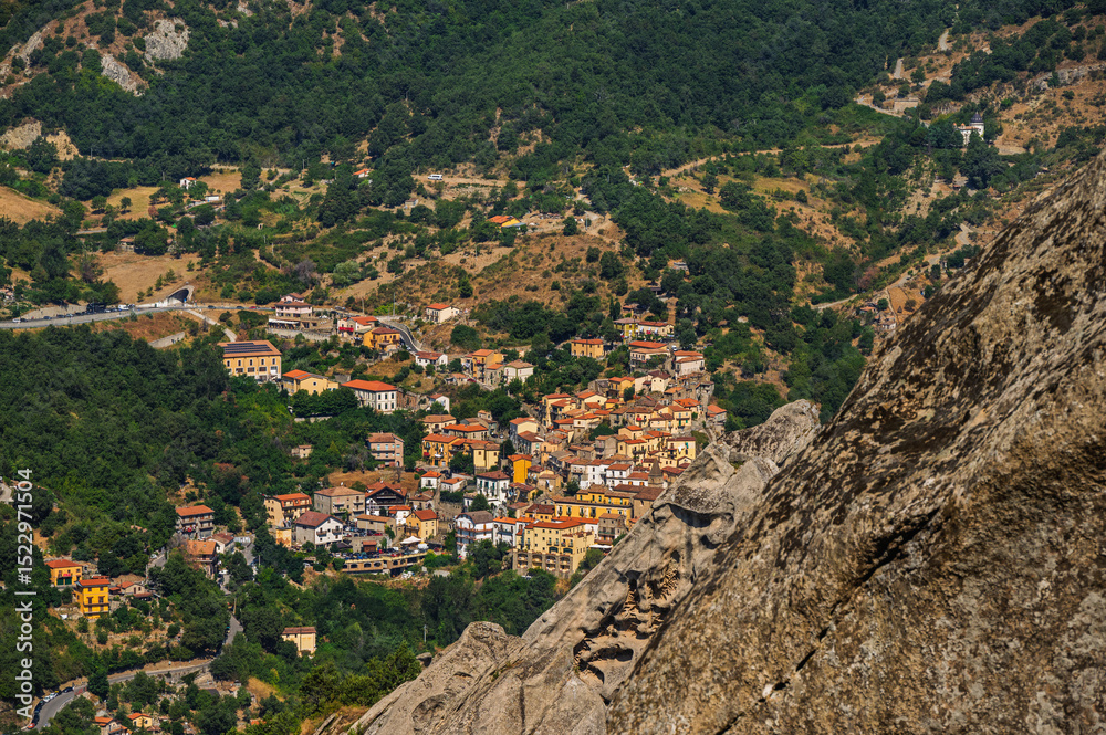 Fototapeta premium front view of the village of Castelmezzano from the Pietrapertosa Saracen Castle, Dolomiti Lucane, Potenza province, Basilicata
