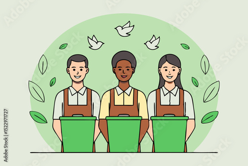 Group of people recycling and sorting waste with environmental message