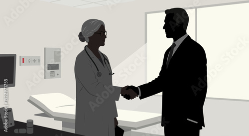 Silhouette Icon: Mature Doctor Shaking Hands with Pharma Rep - Medical Business Agreement