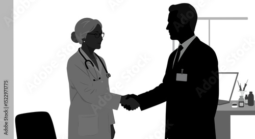 Silhouette Icon: Mature Doctor Shaking Hands with Pharma Rep - Medical Business Agreement