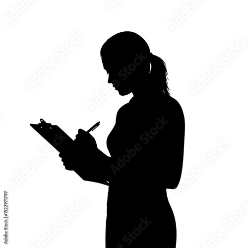 Silhouette Icon: Female Accountant Reviewing Documents with Clipboard and Pen - Financial Audit