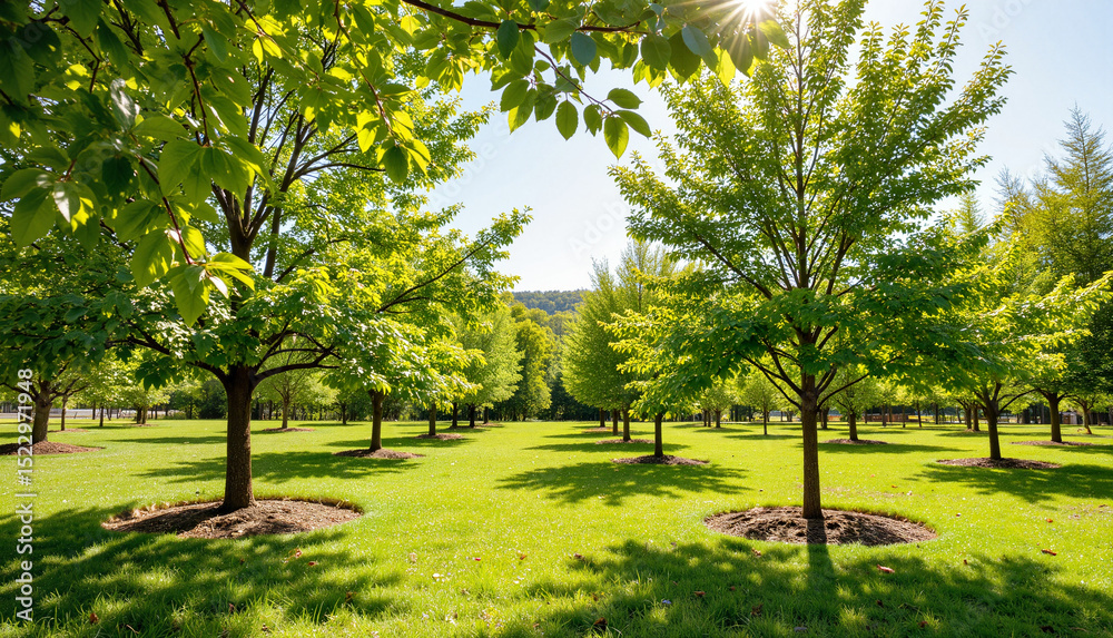 Fototapeta premium Lush green trees standing in a sunny park during daytime