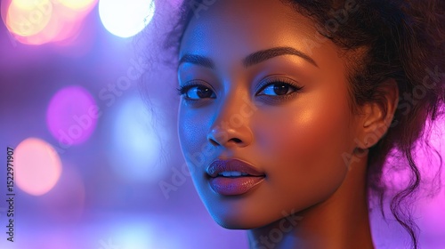 Stylish woman, portrait, vibrant lighting, bokeh background