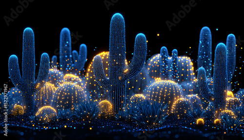 Glowing Cacti Field with Sparkles Against Dark Background Creates a Fantasy