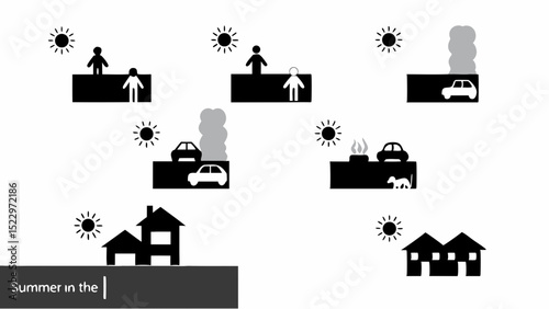 Summer Days People Cars and Homes Under Sunny Skies A Minimalist Scene of Community and Daily Life Depicted in