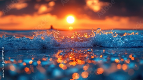 Sunrise ocean waves, dramatic colors, tranquil morning, vibrant sky