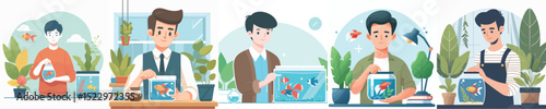 vector of a young man keeping ornamental fish