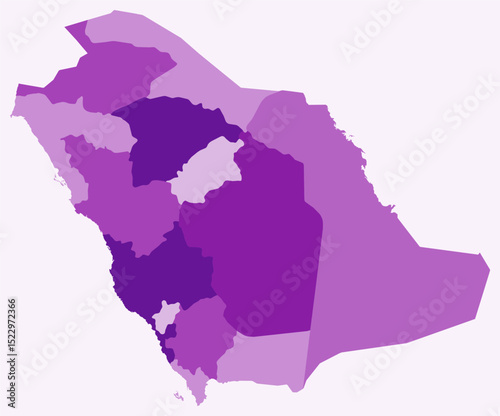 Map of Saudi Arabia with regions. Just a simple country border map with region division. Purple color palette. Plain Saudi Arabia shape with administrative division. Vector illustration.