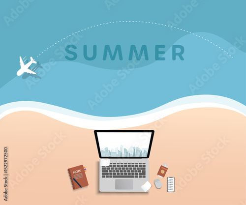 This illustration depicts a laptop and travel essentials on a beach with an airplane and 'SUMMER' text, ideal for promoting remote work or planning summer vacations.