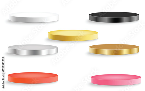 This image displays a set of seven empty round display platforms in white, black, gold, silver, bronze, red, and pink, ideal for showcasing products or awards.