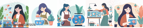 vector of a woman keeping ornamental fish
