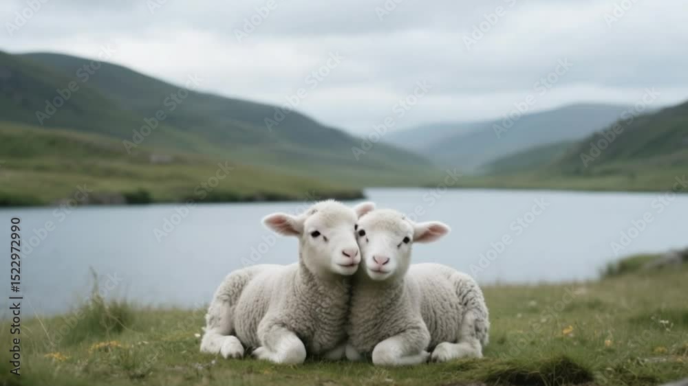 Twin lambs cuddle by tranquil lake, peaceful nature scene with lush green hills, baby sheep bonding moment in countryside meadow 4k hd video download Twin lambs cuddle by tranquil lake, peaceful nature scene with lush green hills, baby sheep bonding moment in countryside meadow 4k hd video download