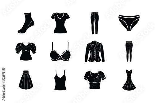 Fashion clothing and accessories vector illustration set: dresses, shirts, pants, shoes, bags, lingerie, and bikinis for women
