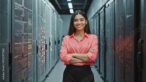 Confident server room technician standing with a smile in a high-tech server room. She has arms crossed, looks proud and capable