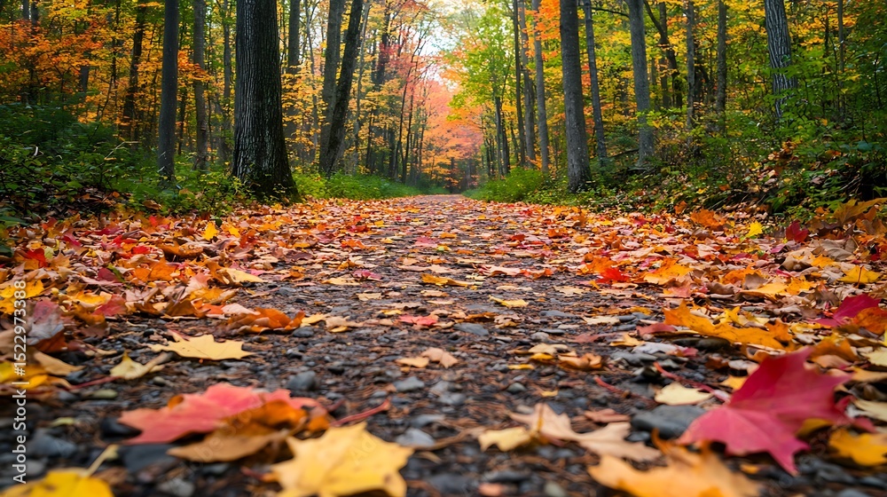 Autumn leaves carpet a gravel path in a forest. Autumn leaves carpet a gravel path in a forest.
