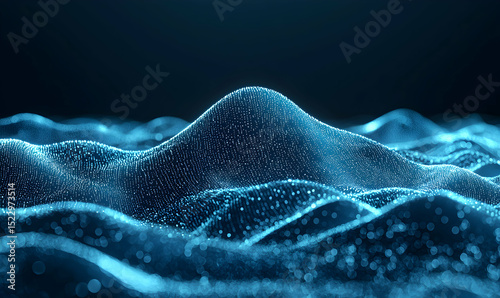 Abstract Blue Landscape with Wavy Lines and Glowing Particles Background