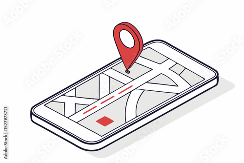 Mobile phone with GPS map and red location pin in isometric design